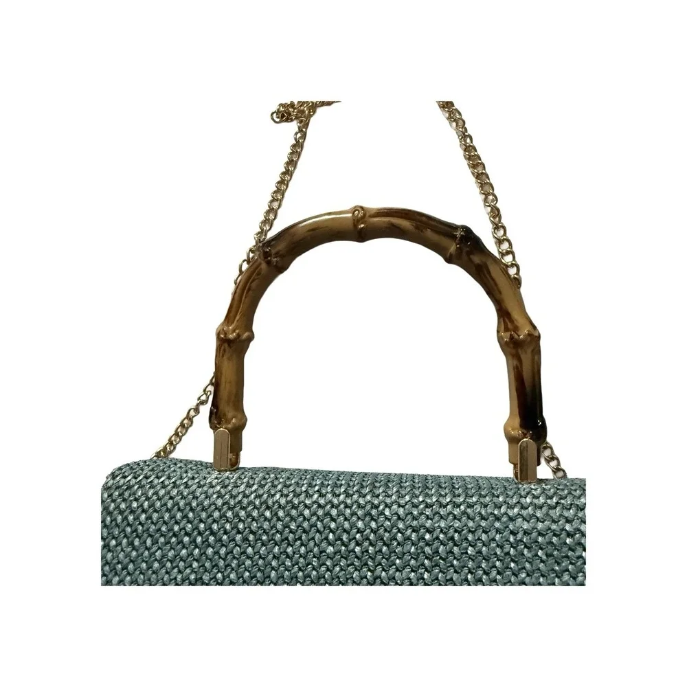 Savanna Blue Woven Purse with Bamboo Handle and Gold Tone Chain Strap NWT